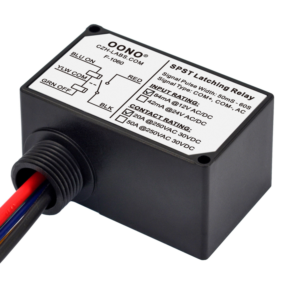 AC/DC 12V SPST Latching Relay Module, 20Amp 250Vac/30Vdc, Plastic Enclosure Wired, OONO F-1060