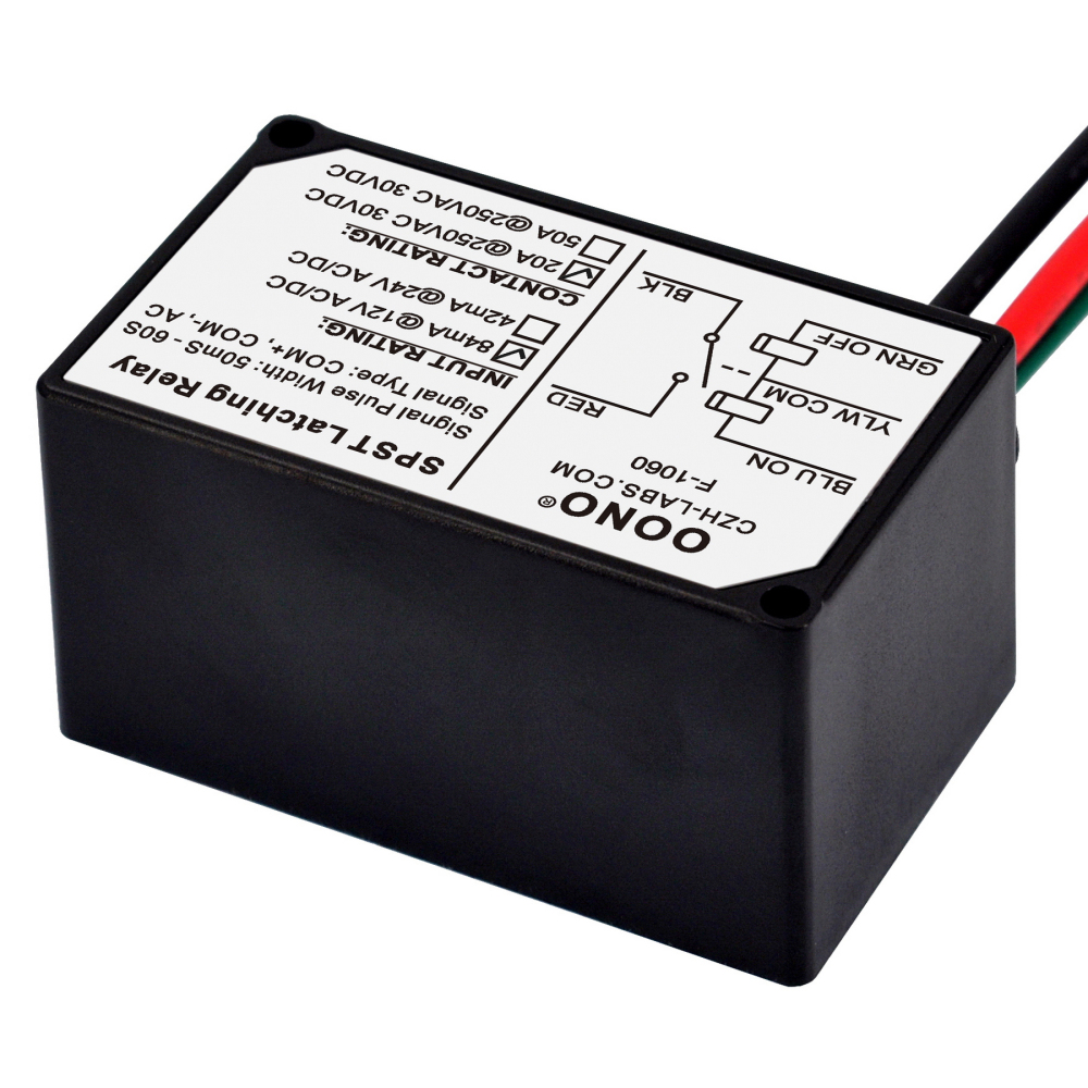 AC/DC 12V SPST Latching Relay Module, 20Amp 250Vac/30Vdc, Plastic Enclosure Wired, OONO F-1060