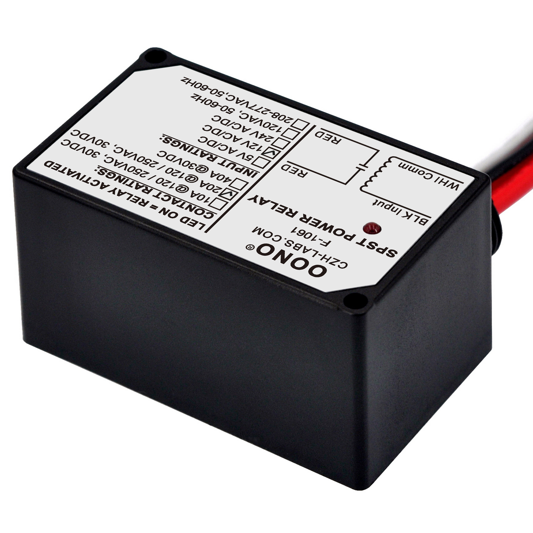 AC/DC 12V SPST Power Relay Module, 20Amp 250Vac/30Vdc, Plastic Enclosure and Pre-wired, OONO F-1061