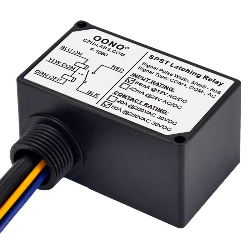 AC/DC 12V SPST Latching Relay Module, 50Amp 250Vac/30Vdc, Plastic Enclosure Wired, OONO F-1060