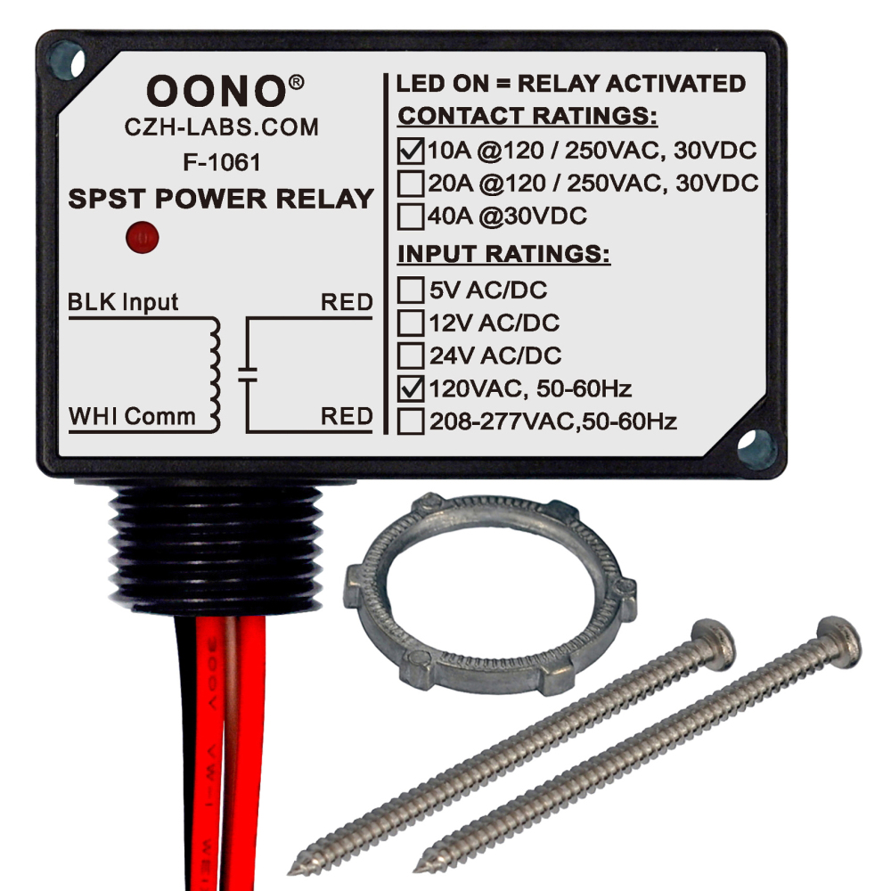AC 120V SPST Power Relay Module, 10Amp 250Vac/30Vdc, Plastic Enclosure and Pre-wired, OONO F-1061