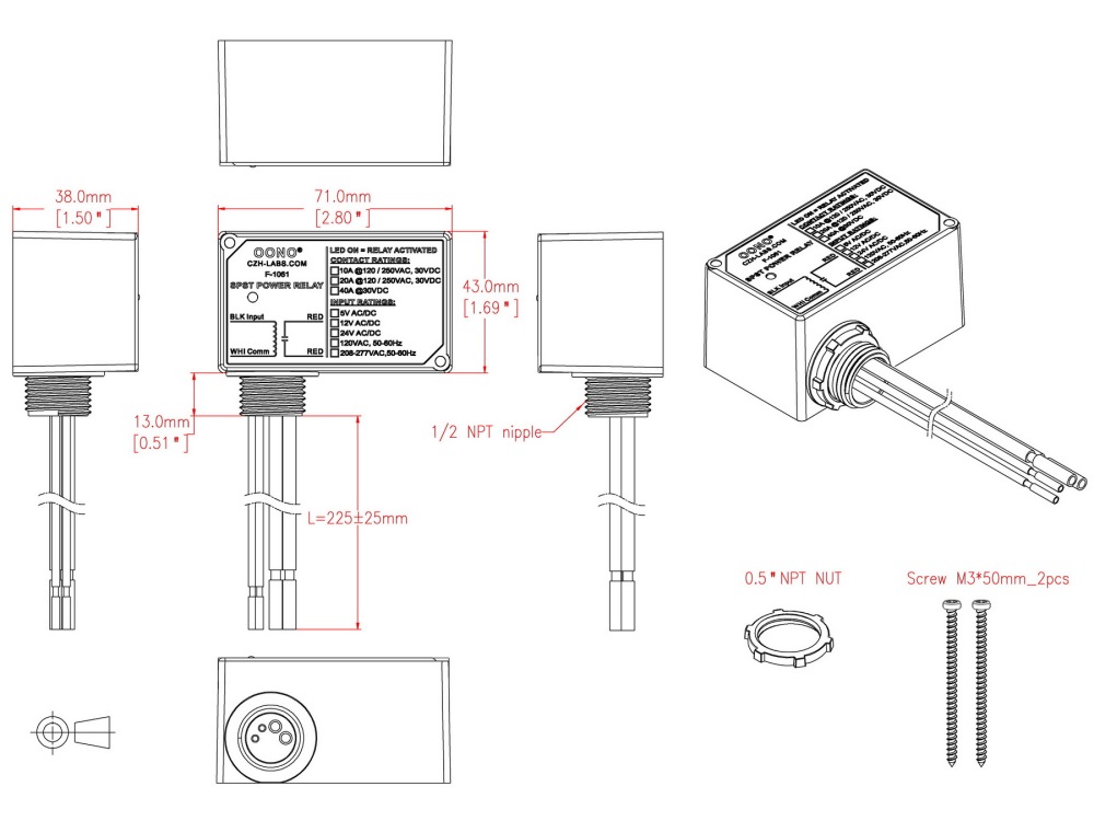 AC/DC 24V SPST Power Relay Module, 20Amp 250Vac/30Vdc, Plastic Enclosure and Pre-wired, OONO F-1061