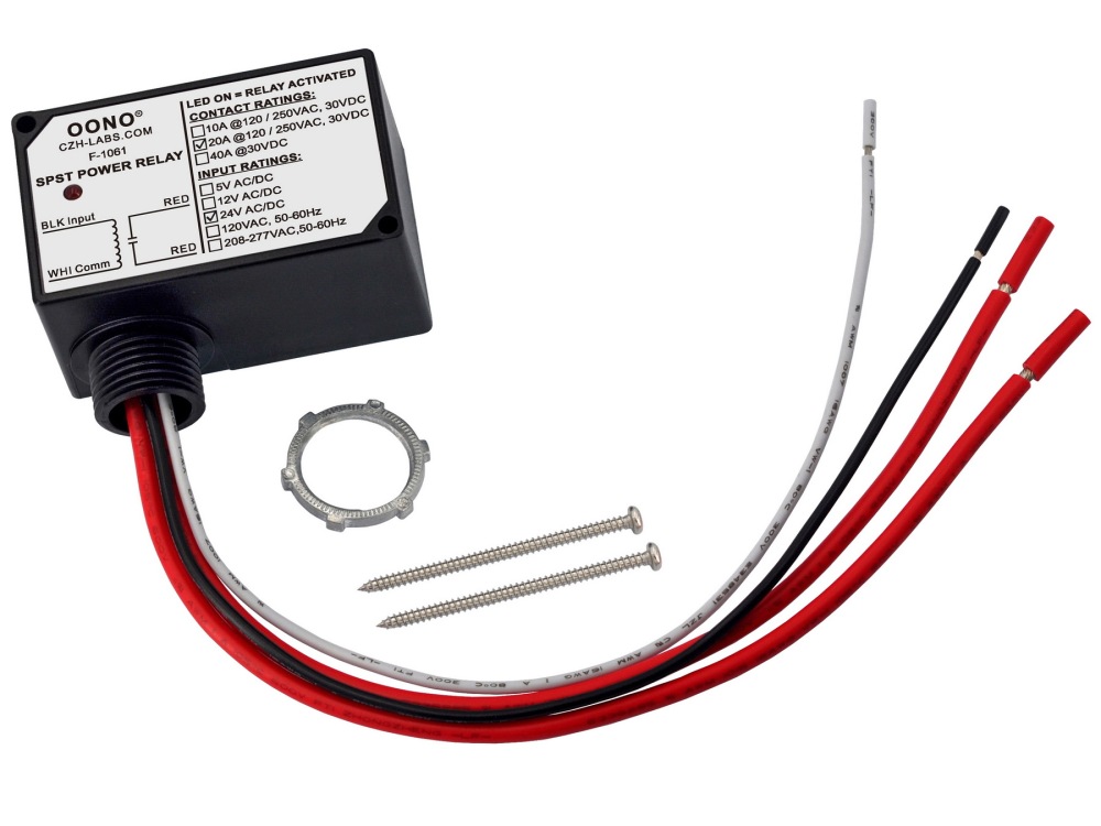 AC/DC 24V SPST Power Relay Module, 20Amp 250Vac/30Vdc, Plastic Enclosure and Pre-wired, OONO F-1061