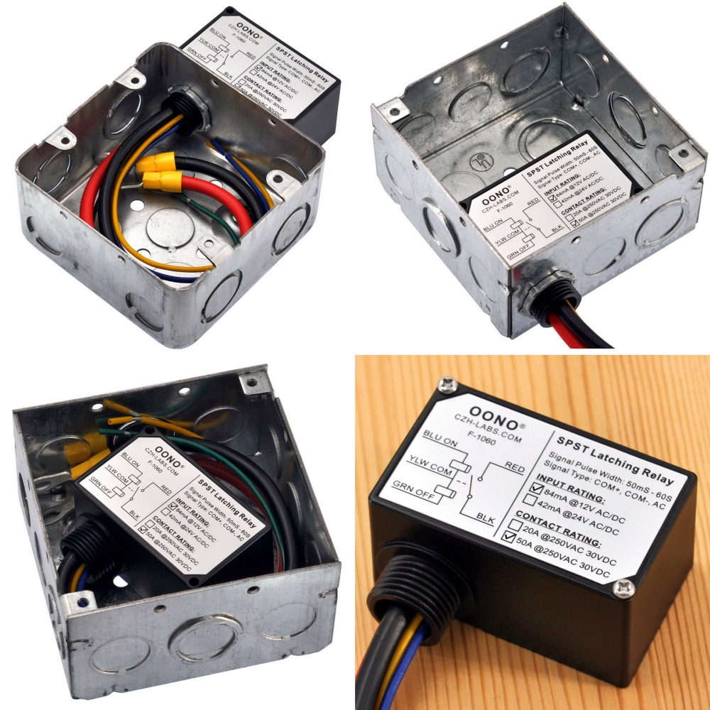AC/DC 12V SPST Latching Relay Module, 50Amp 250Vac/30Vdc, Plastic Enclosure Wired, OONO F-1060