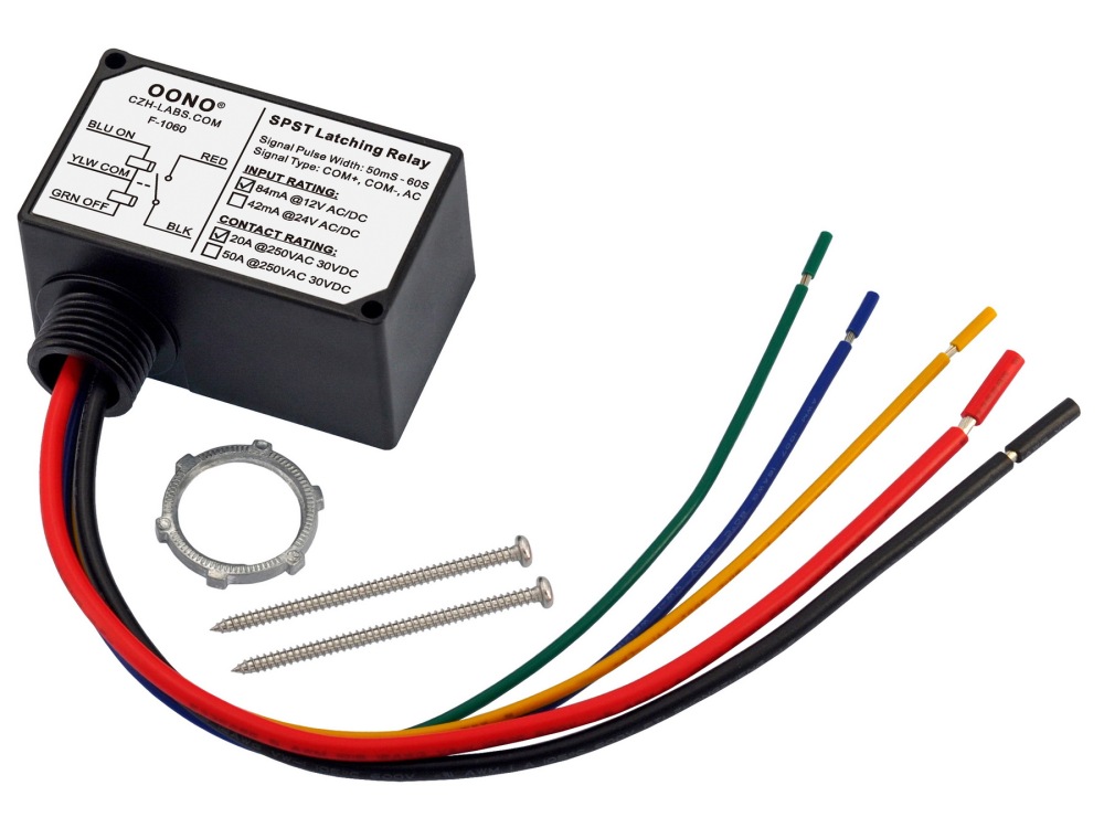 AC/DC 12V SPST Latching Relay Module, 20Amp 250Vac/30Vdc, Plastic Enclosure Wired, OONO F-1060