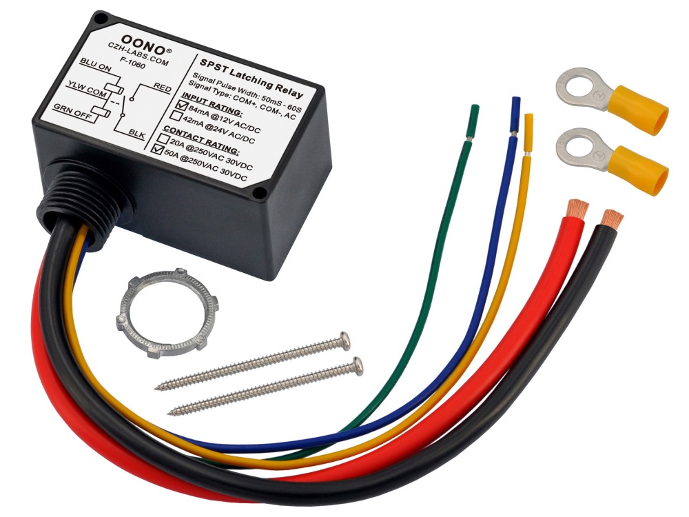 AC/DC 12V SPST Latching Relay Module, 50Amp 250Vac/30Vdc, Plastic Enclosure Wired, OONO F-1060