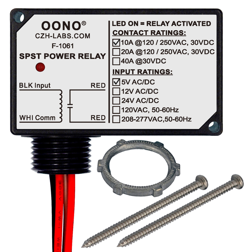 AC/DC 5V SPST Power Relay Module, 10Amp 250Vac/30Vdc, Plastic Enclosure and Pre-wired, OONO F-1061
