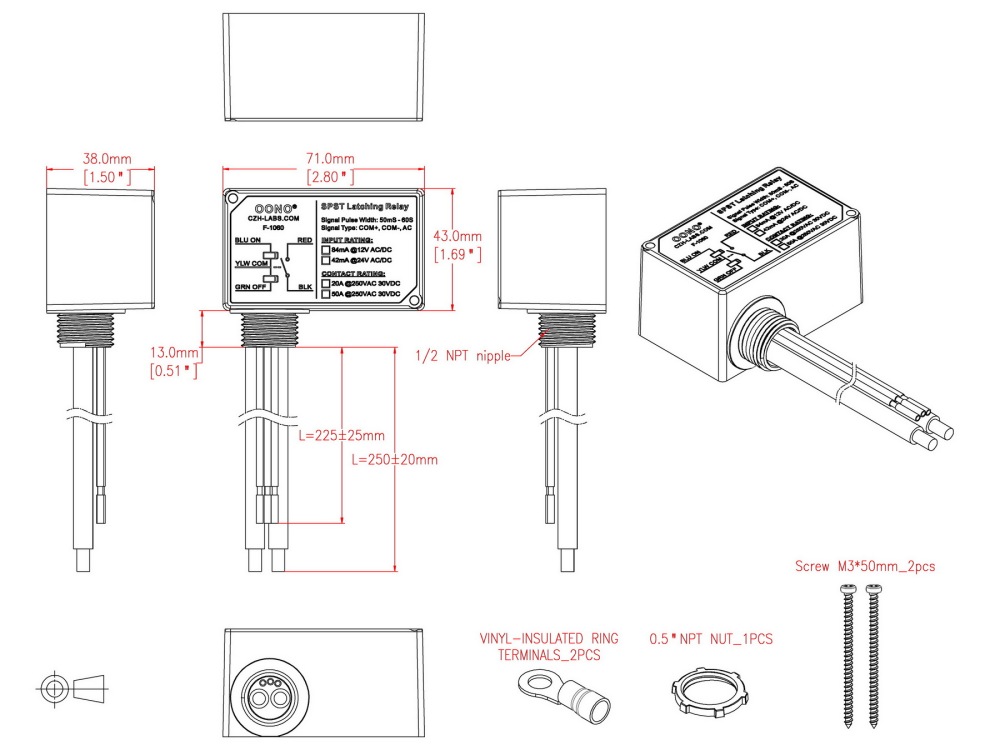 AC/DC 12V SPST Latching Relay Module, 50Amp 250Vac/30Vdc, Plastic Enclosure Wired, OONO F-1060