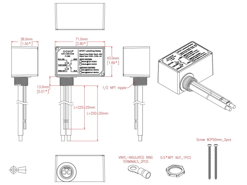 AC/DC 12V SPST Latching Relay Module, 50Amp 250Vac/30Vdc, Plastic Enclosure Wired, OONO F-1060