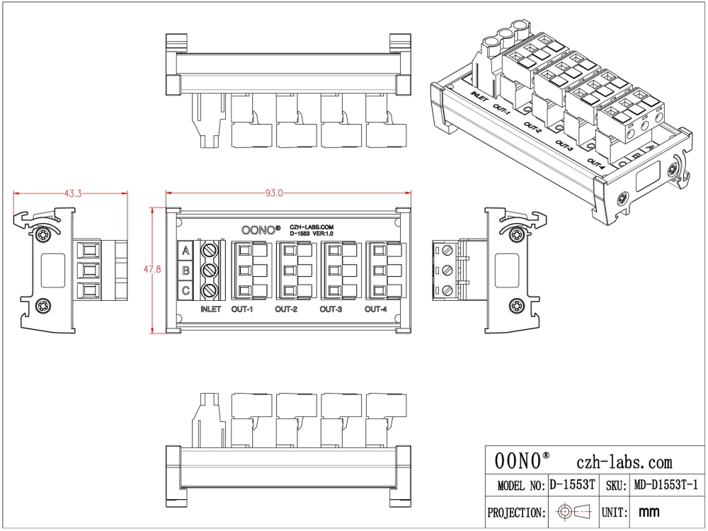 DIN Rail Mount 30A/300V 4x3 Position Pluggable Terminal Block Distribution Module, OONO D-1553T