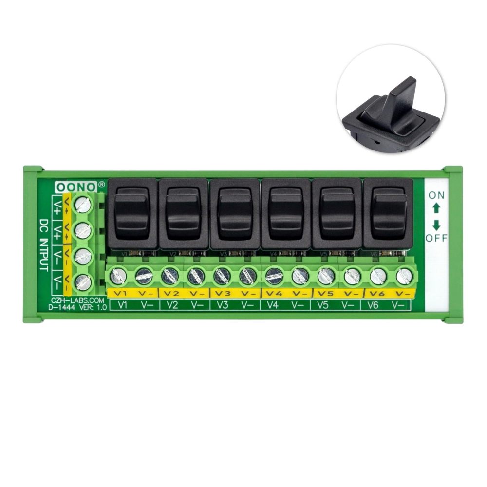 DIN Rail Mount 6 Channel Paddle Rocker Switch DC Power Distribution Strip Module