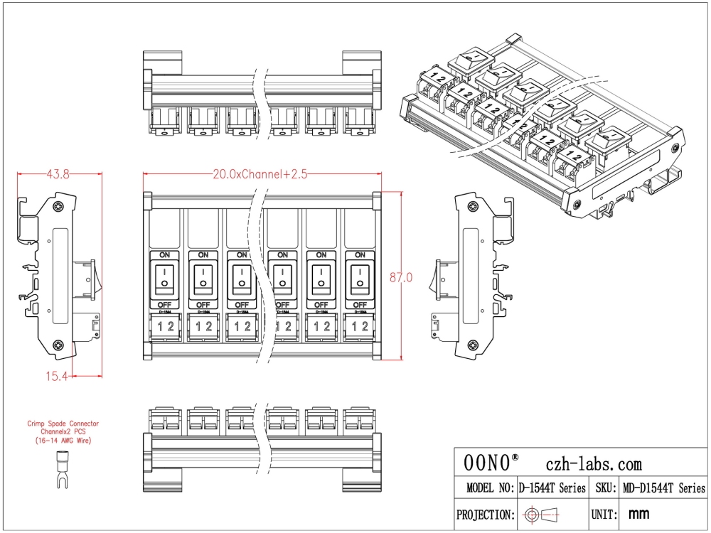DIN Rail Mount 12 Channel Rocker Switch Module, 10Amp 250VAC / 50VDC