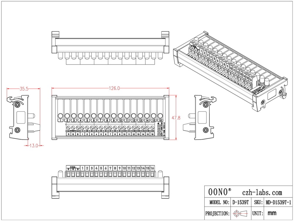 DIN Rail Mount 16 RGB LED Indicator Light Module, DC5 - 32V, Red Green Blue