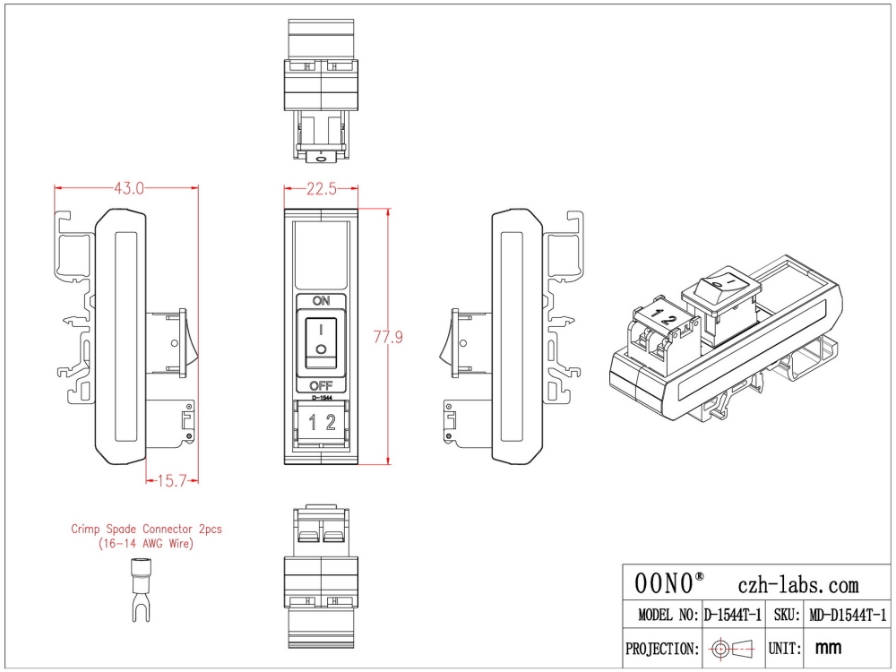 DIN Rail Mount 1 Channel Rocker Switch Module, 10Amp 250VAC / 50VDC