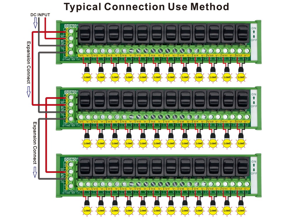 DIN Rail Mount 12 Channel Paddle Rocker Switch DC Power Distribution Strip Module