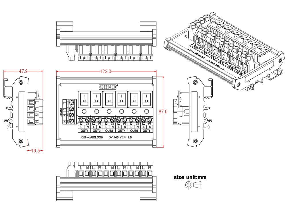 DIN Rail Mount 6 Channel Paddle Rocker Switch AC 115V 230V Power Distribution Strip Module