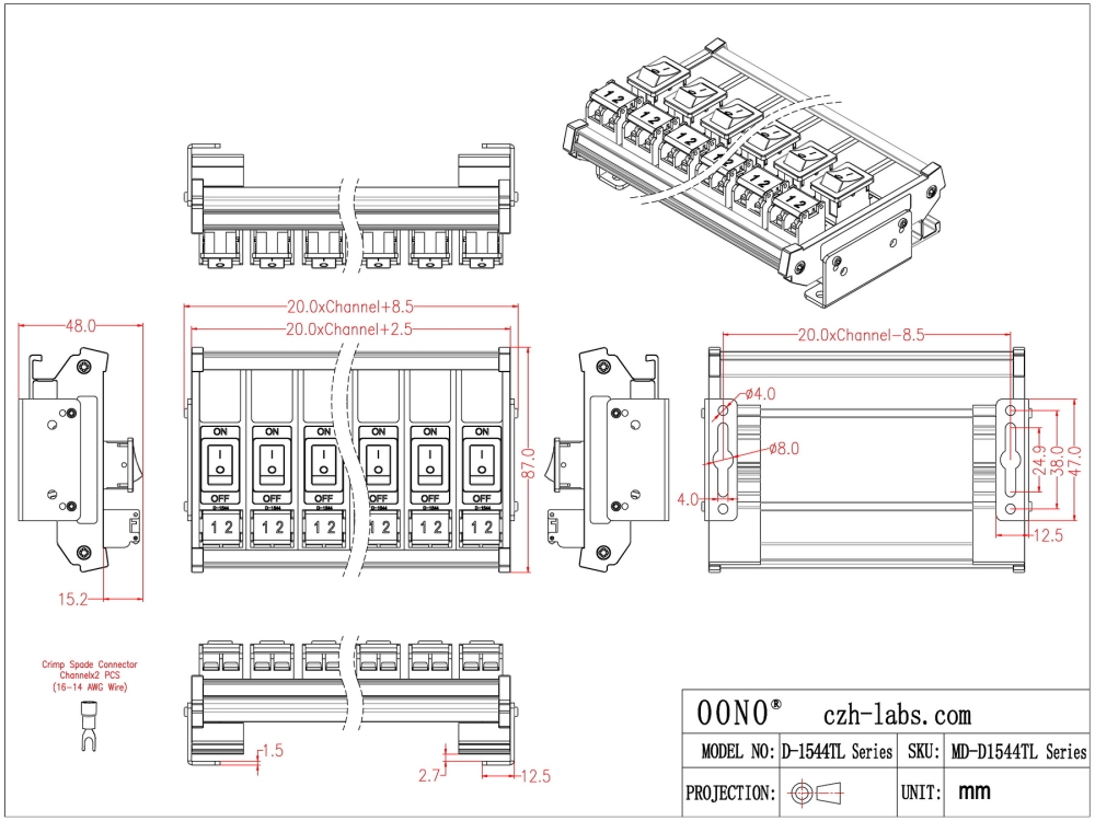 Wall Mount 4 Channel Rocker Switch Module, 10Amp 250VAC / 50VDC