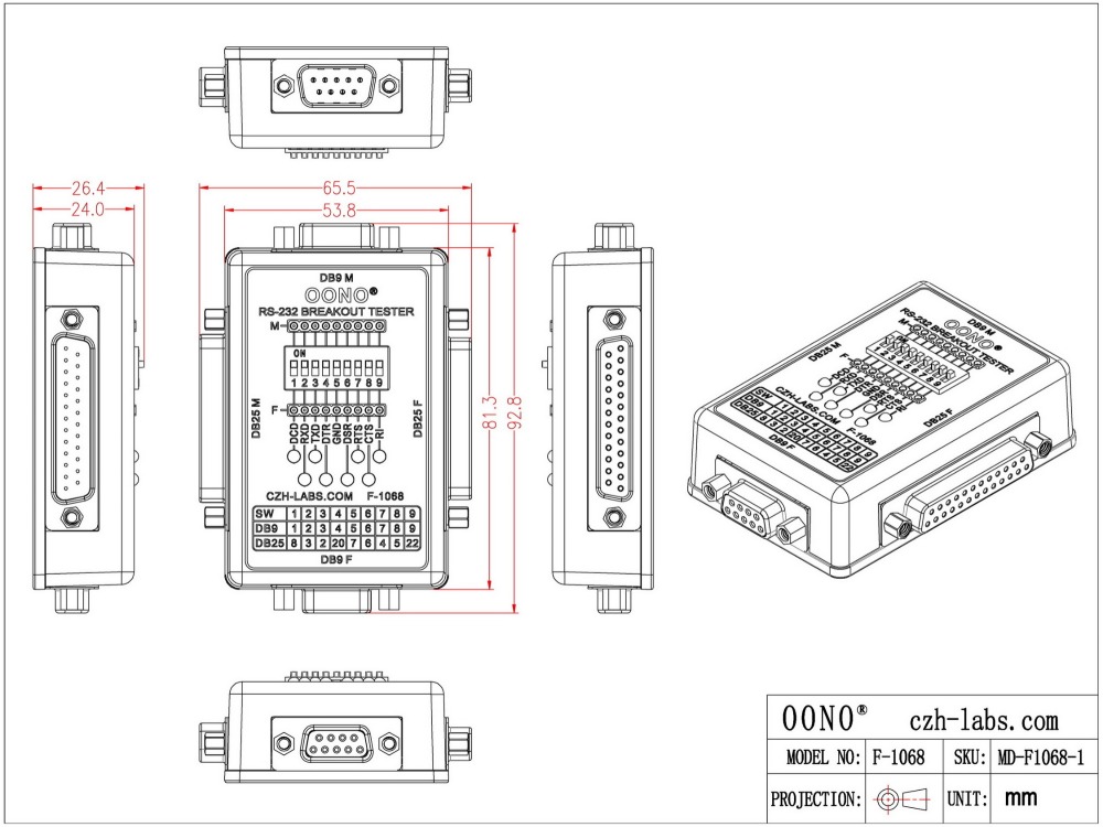 RS232 Breakout Tester LED Monitor Module, DB9M/F x DB25M/F Breakout Board