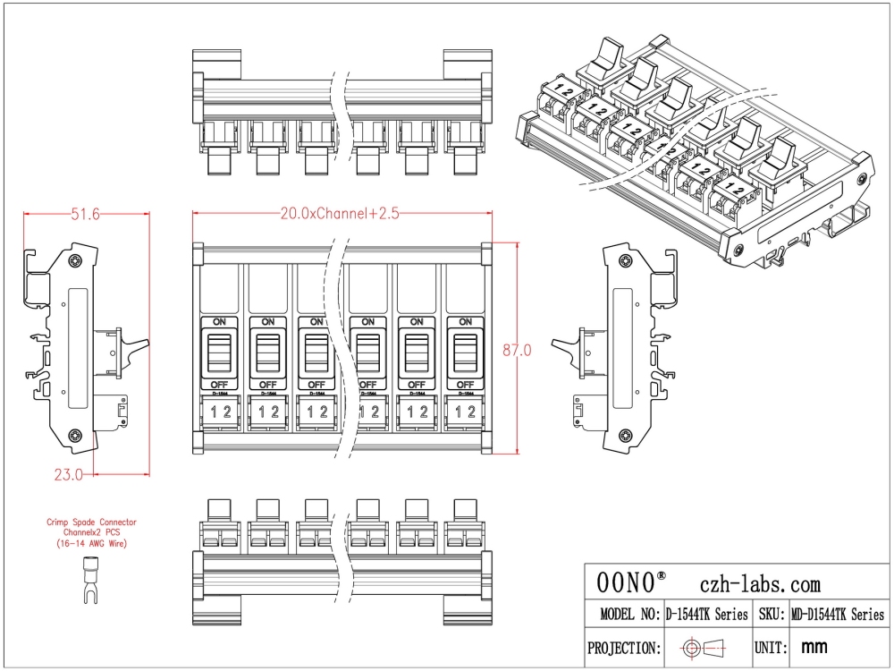 DIN Rail Mount 4 Channel Paddle Rocker Switch Module, 10Amp 250VAC / 50VDC