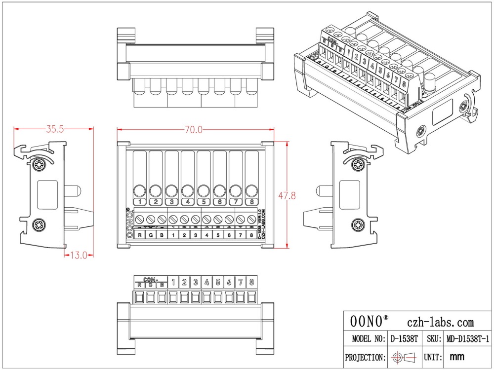 DIN Rail Mount 8 RGB LED Indicator Light Module, DC5 - 32V, Red Green Blue