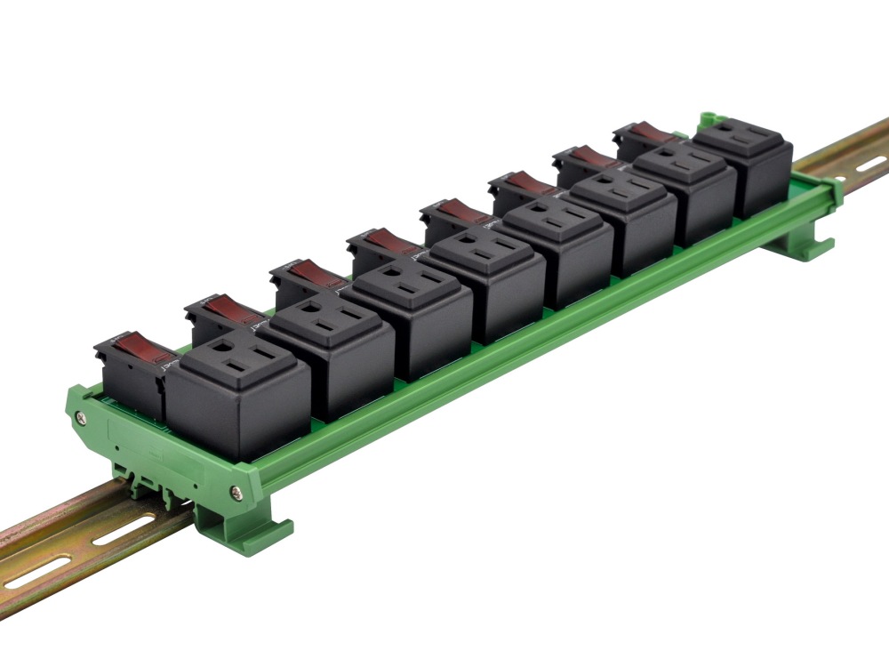 DIN Rail Mount AC 120V NEMA 5-15R 8 Receptacle Outlet Power Module, with Rocker Switch Thermal Circuit Breaker Overload Protector