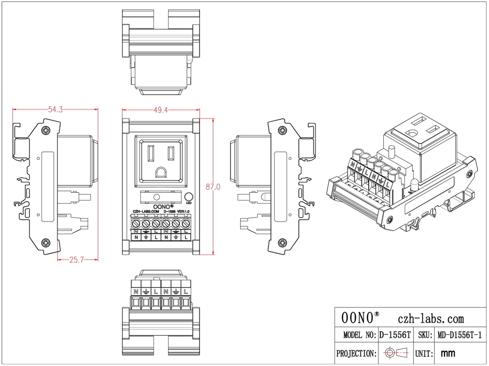 DIN Rail Mount AC 120V NEMA 5-15R Receptacle Outlet Power Module, with Resettable 6 Amp Circuit Breaker