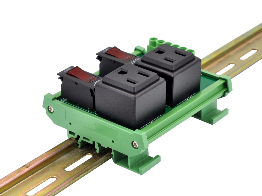 DIN Rail Mount AC 120V NEMA 5-15R 2 Receptacle Outlet Power Module, with Rocker Switch Thermal Circuit Breaker Overload Protector