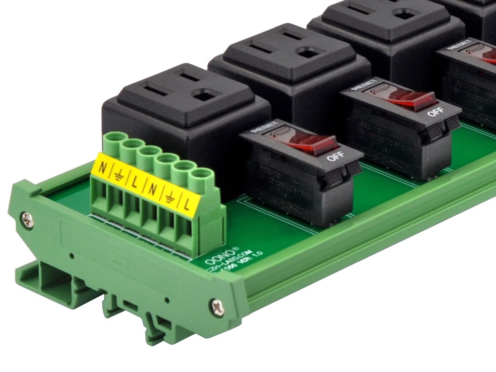 DIN Rail Mount AC 120V NEMA 5-15R 8 Receptacle Outlet Power Module, with Rocker Switch Thermal Circuit Breaker Overload Protector