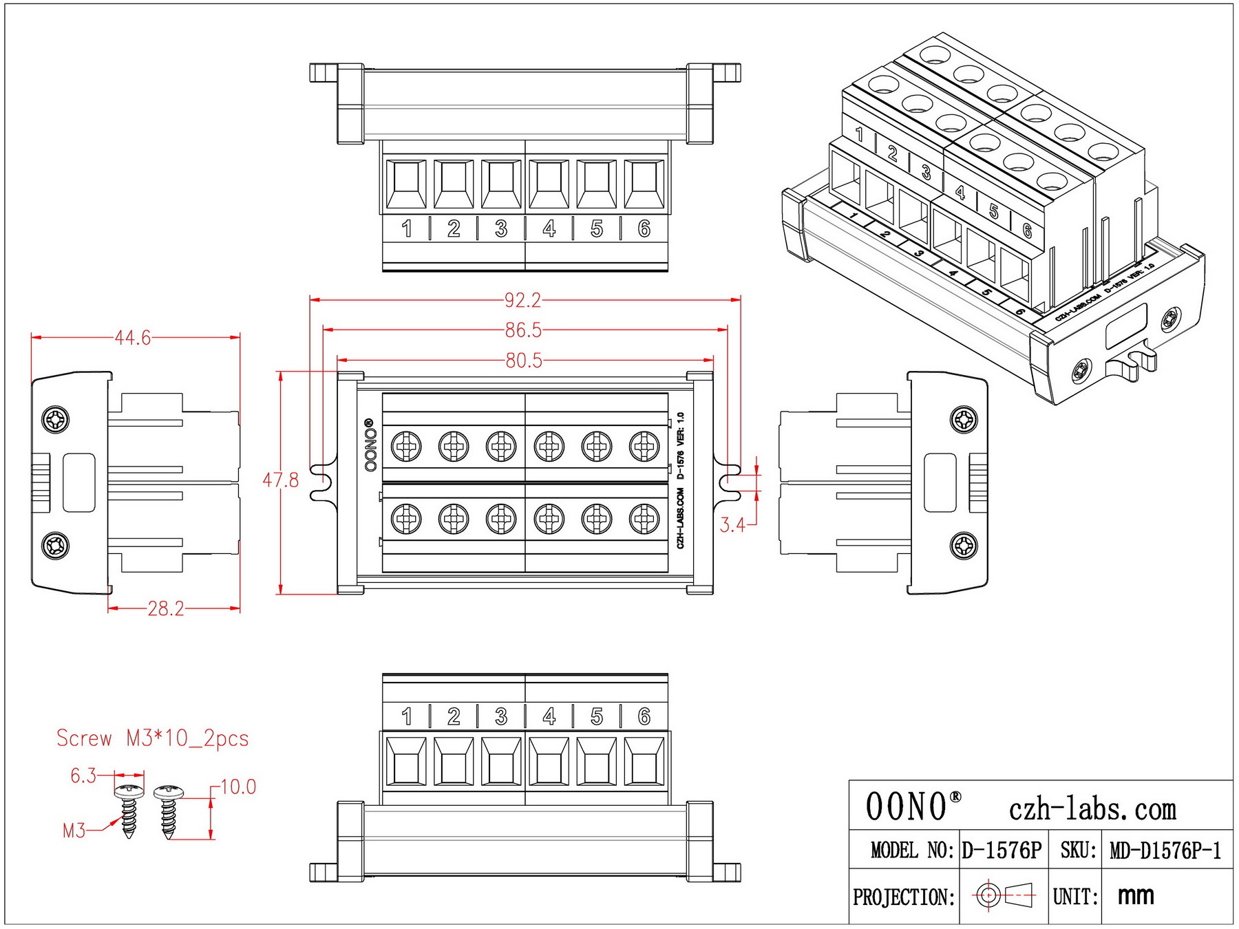 Screw Mount 52Amp 300V 6 Position Screw Terminal Block Distribution Module