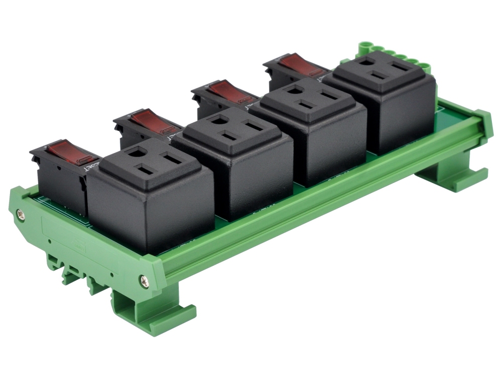 DIN Rail Mount AC 120V NEMA 5-15R 4 Receptacle Outlet Power Module, with Rocker Switch Thermal Circuit Breaker Overload Protector