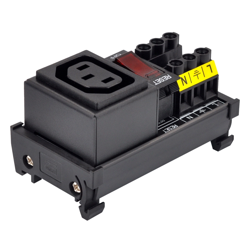 DIN Rail Mount AC 250V IEC320 C13 Single Receptacle Outlet Power Strip Module, with Rocker Switch Thermal Circuit Breaker Overload Protector