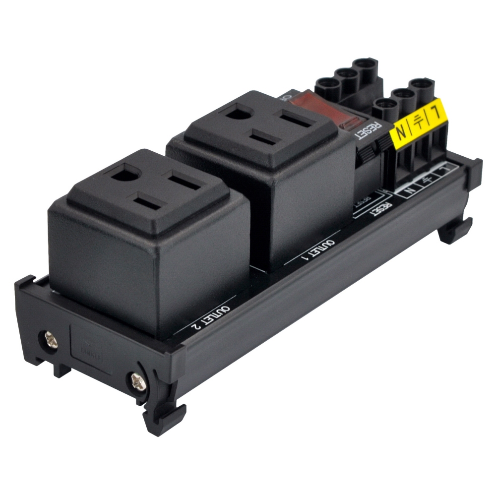 DIN Rail Mount AC 120V NEMA 5-15R Double Receptacles Outlet Power Strip Module, with Rocker Switch Thermal Circuit Breaker Overload Protector