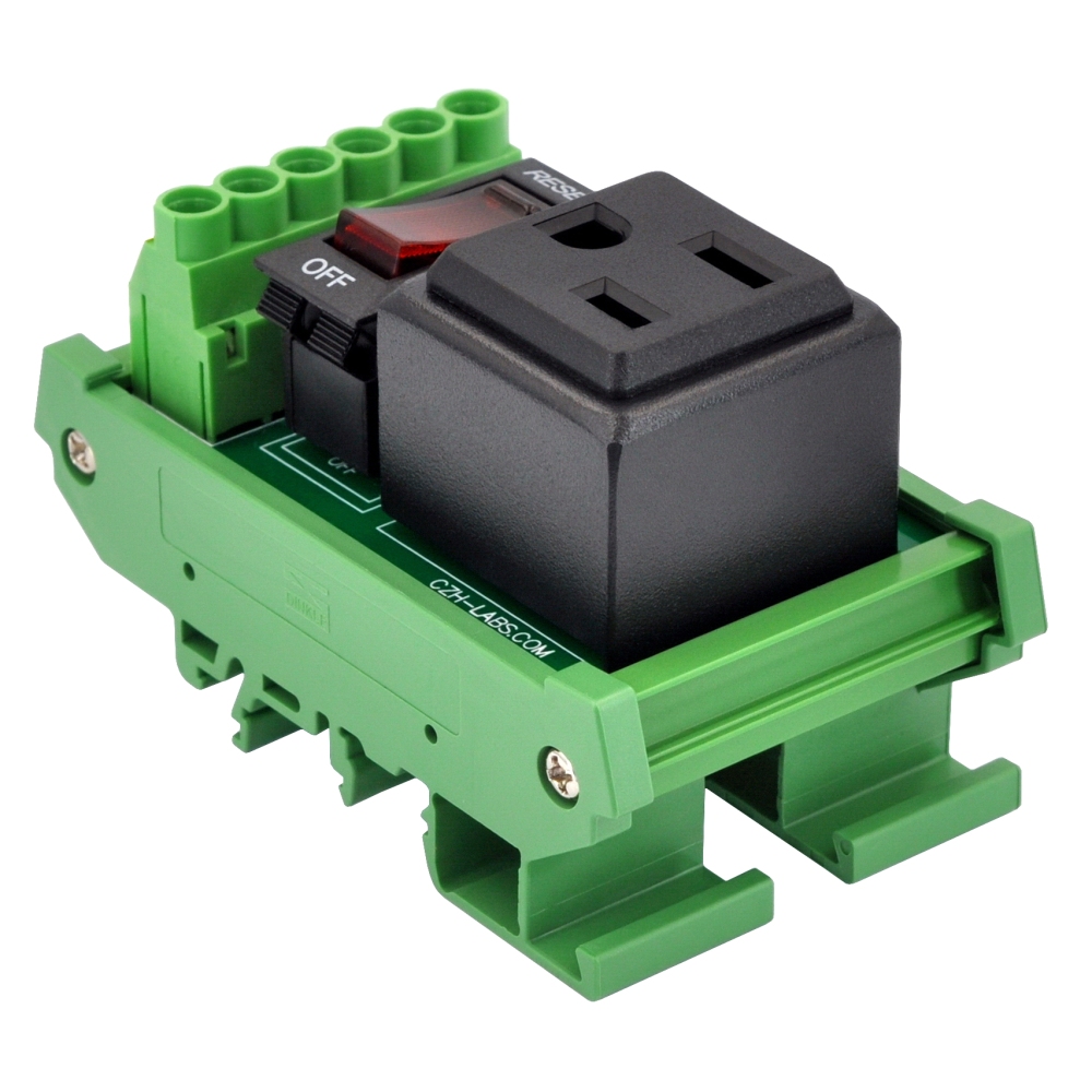 DIN Rail Mount AC 120V NEMA 5-15R Receptacle Outlet Power Module, with Rocker Switch Thermal Circuit Breaker Overload Protector