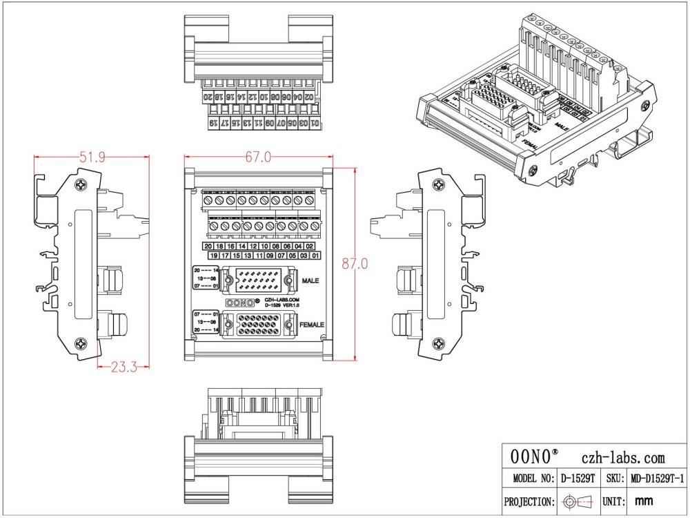 DIN Rail Mount MR20 Male-Female Breakout Board Terminal Block Interface Module, MR-20RMD2 MR-20RFD2