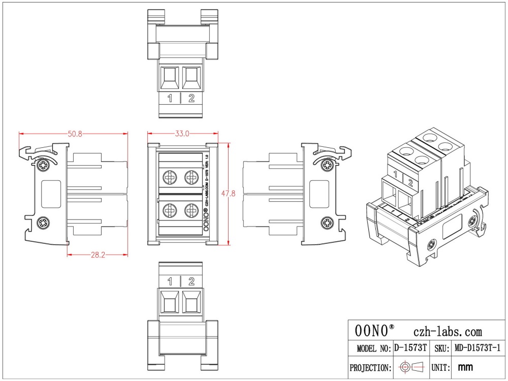DIN Rail Mount 52Amp 300V 2 Position Screw Terminal Block Distribution Module