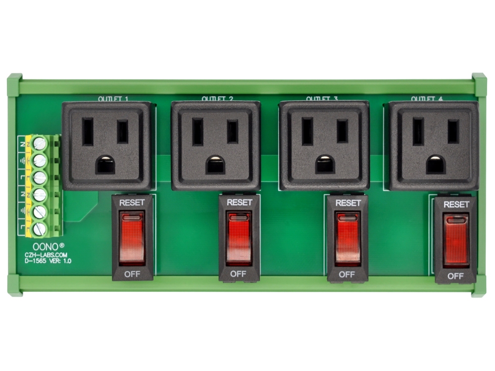 DIN Rail Mount AC 120V NEMA 5-15R 4 Receptacle Outlet Power Module, with Rocker Switch Thermal Circuit Breaker Overload Protector