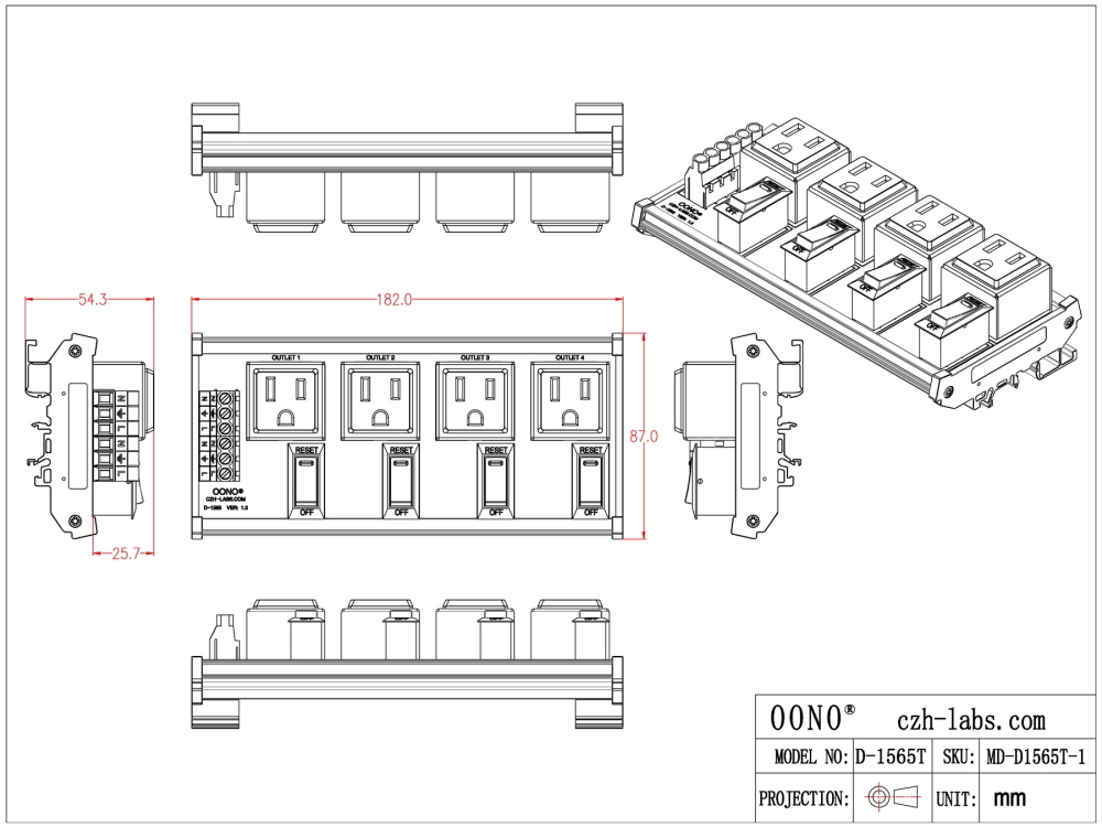 DIN Rail Mount AC 120V NEMA 5-15R 4 Receptacle Outlet Power Module ...