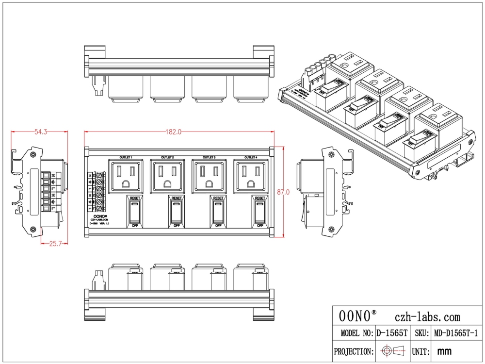 DIN Rail Mount AC 120V NEMA 5-15R 4 Receptacle Outlet Power Module, with Rocker Switch Thermal Circuit Breaker Overload Protector