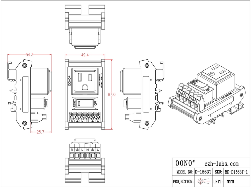 DIN Rail Mount AC 120V NEMA 5-15R Receptacle Outlet Power Module, with Rocker Switch Thermal Circuit Breaker Overload Protector