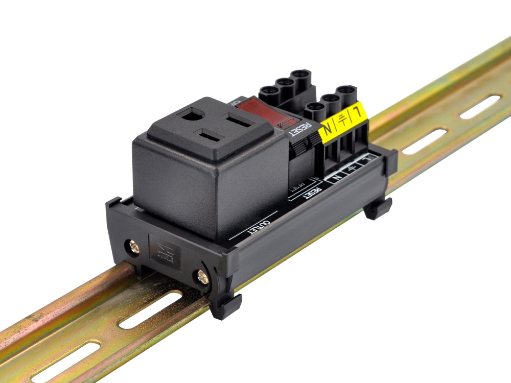 DIN Rail Mount AC 120V NEMA 5-15R Single Receptacle Outlet Power Strip Module, with Rocker Switch Thermal Circuit Breaker Overload Protector