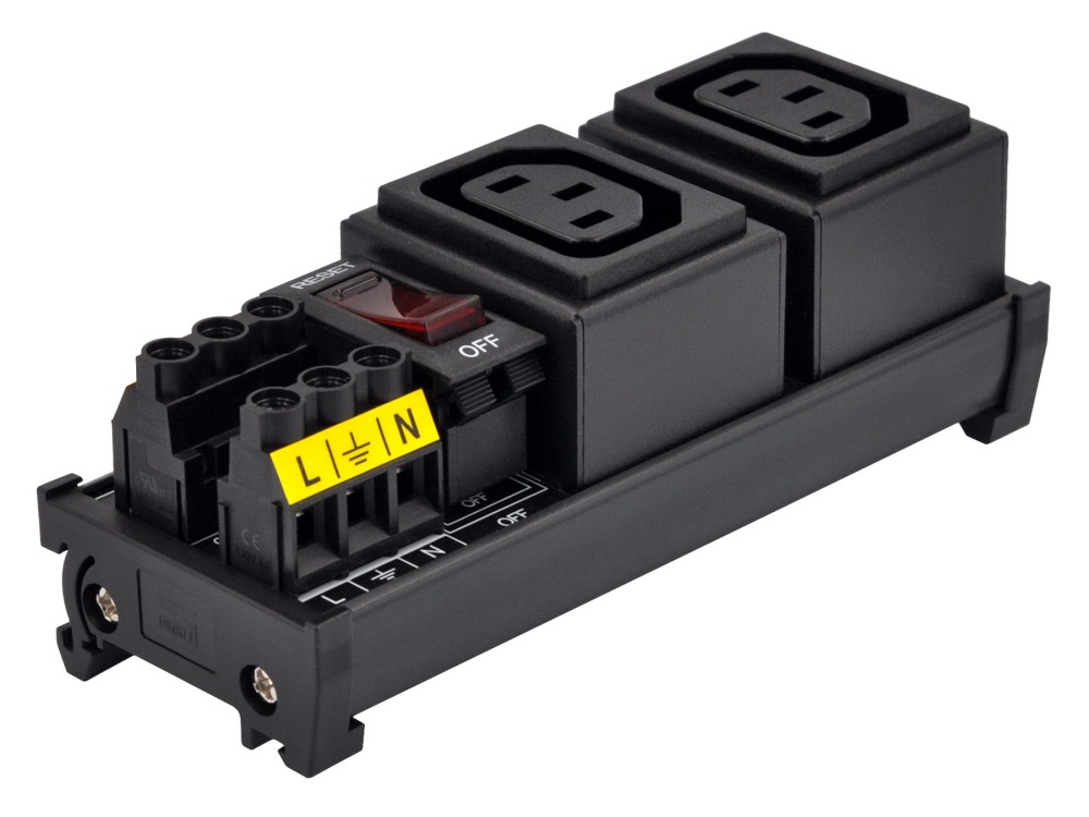 DIN Rail Mount AC 250V IEC320 C13 Double Receptacle Outlet Power Strip Module, with Rocker Switch Thermal Circuit Breaker Overload Protector