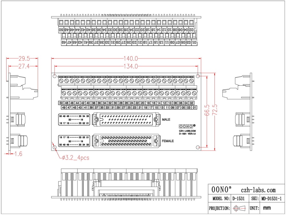 MR50 Male-Female Breakout Board Terminal Block Interface Module, MR-50RMD2 MR-50RFD2