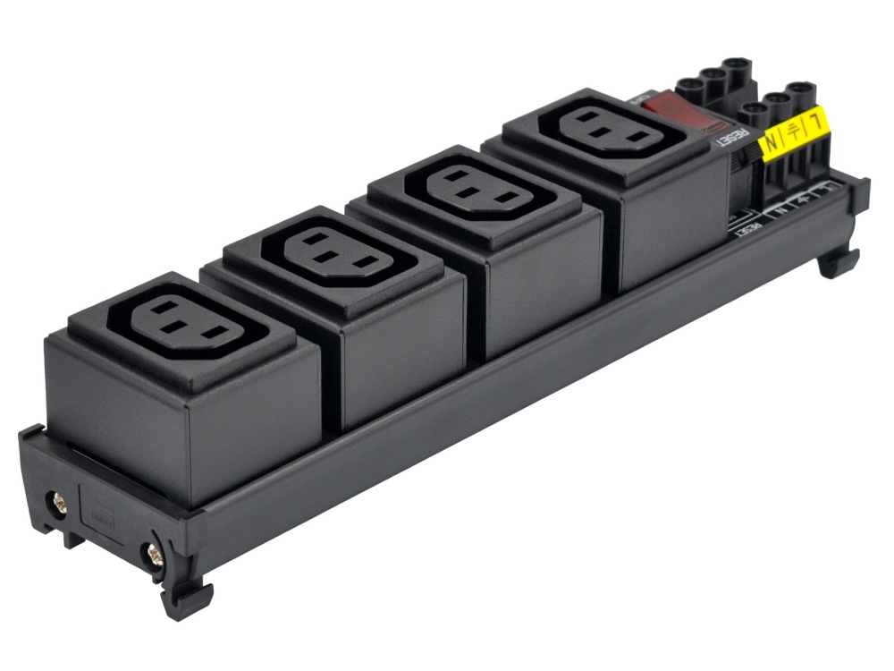 DIN Rail Mount AC 250V IEC320 C13 4 Receptacle Outlet Power Strip Module, with Rocker Switch Thermal Circuit Breaker Overload Protector