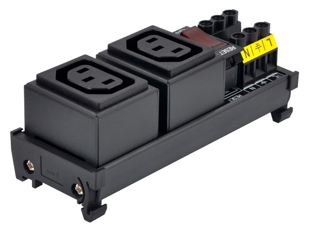DIN Rail Mount AC 250V IEC320 C13 Double Receptacle Outlet Power Strip Module, with Rocker Switch Thermal Circuit Breaker Overload Protector