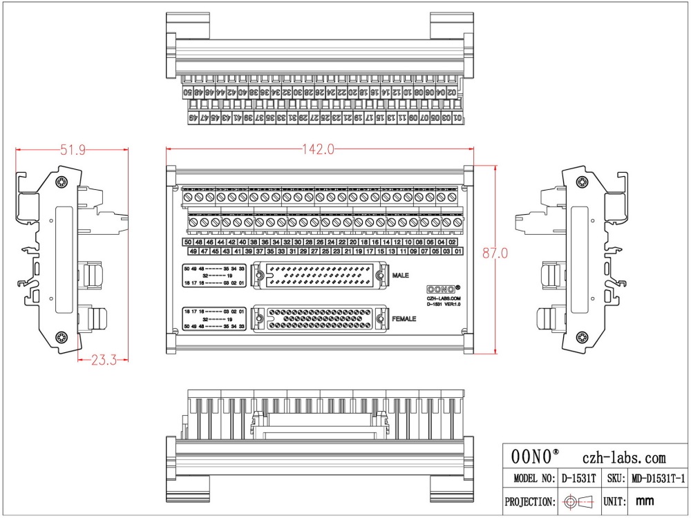 DIN Rail Mount MR50 Male-Female Breakout Board Terminal Block Interface Module, MR-50RMD2 MR-50RFD2