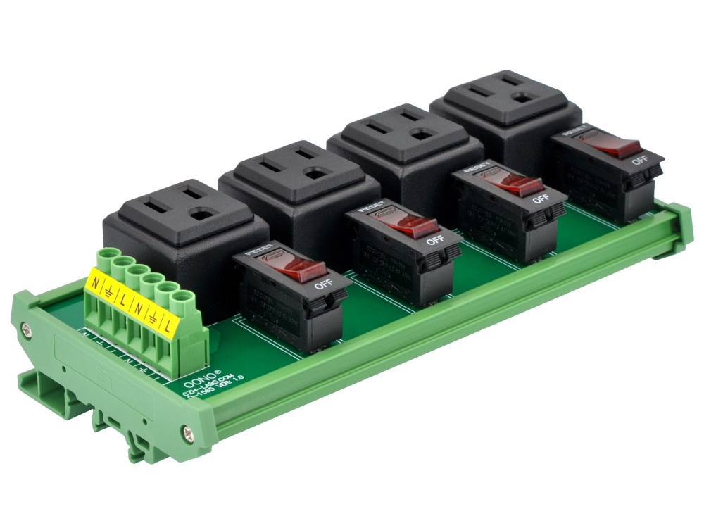 DIN Rail Mount AC 120V NEMA 5-15R 4 Receptacle Outlet Power Module, with Rocker Switch Thermal Circuit Breaker Overload Protector