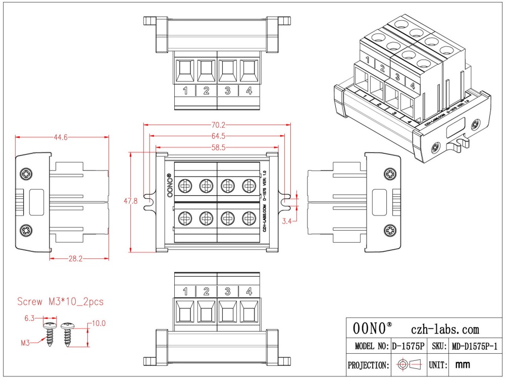 Screw Mount 52Amp 300V 4 Position Screw Terminal Block Distribution Module