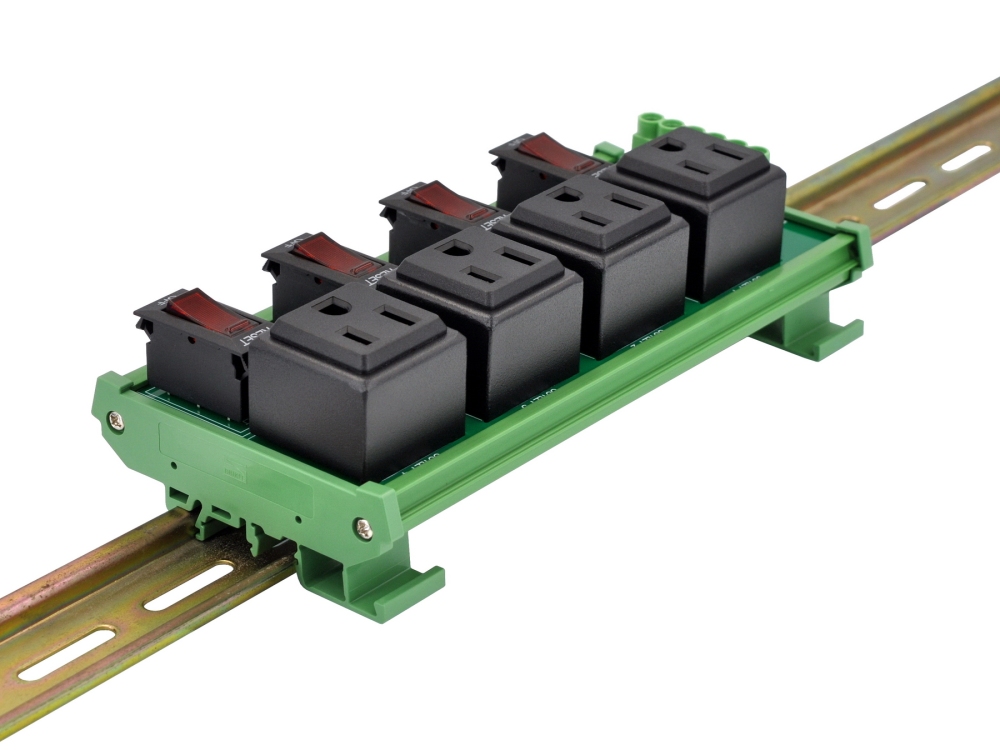 DIN Rail Mount AC 120V NEMA 5-15R 4 Receptacle Outlet Power Module, with Rocker Switch Thermal Circuit Breaker Overload Protector