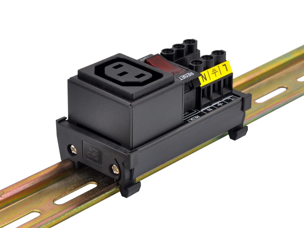 DIN Rail Mount AC 250V IEC320 C13 Single Receptacle Outlet Power Strip Module, with Rocker Switch Thermal Circuit Breaker Overload Protector