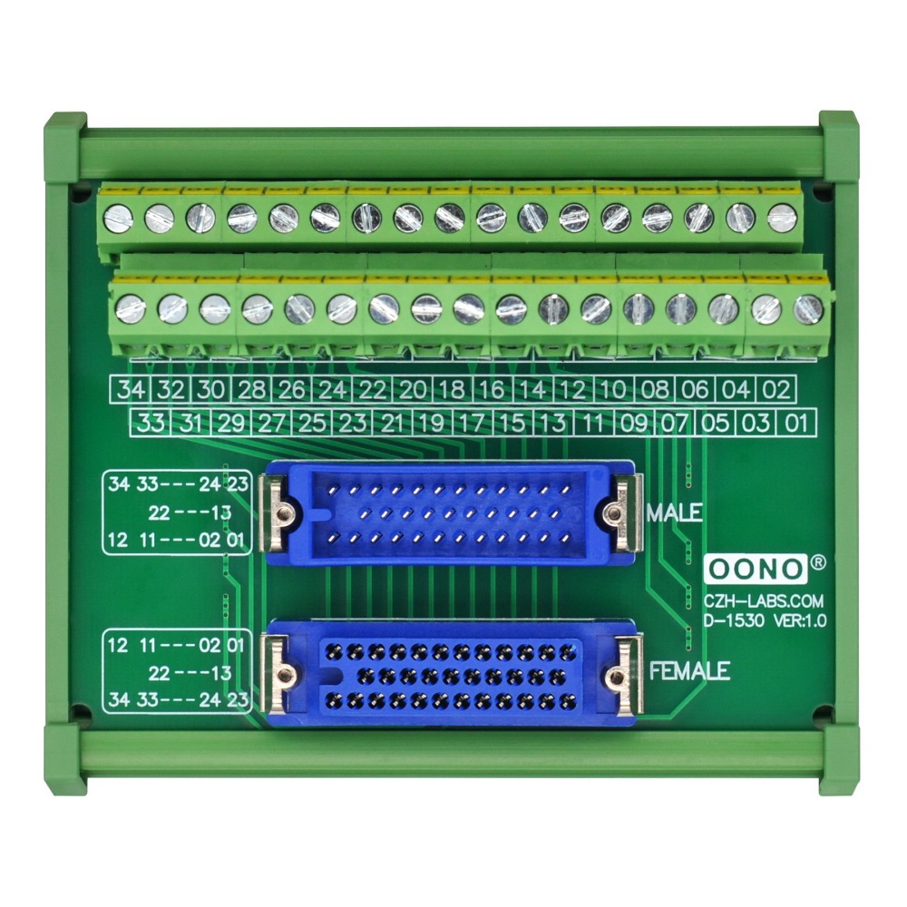 DIN Rail Mount MR34 Male-Female Breakout Board Terminal Block Interface Module, MR-34RMD2 MR-34RFD2